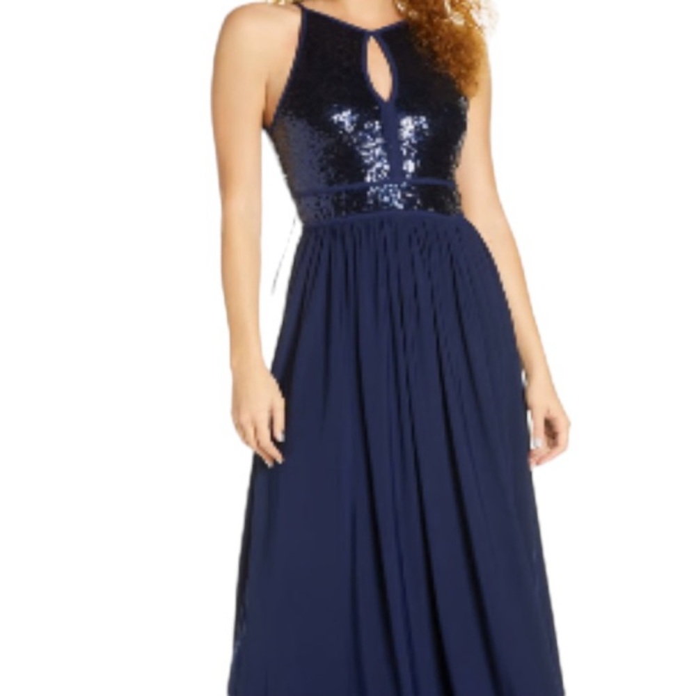 NWT Morgan & Co. Sequin A-Line Gown in Peacock Blue - Picture 1 of 15